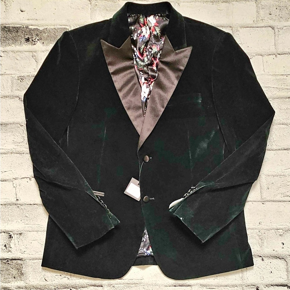 JH Design Green Velvet Tuxedo Blazer Floral Satin Lining 44R Mens - Picture 3 of 12